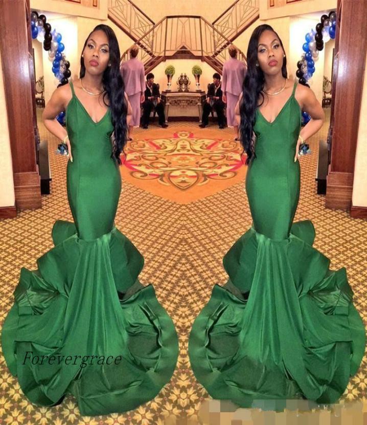 

Cheap Satin Ruffle Green Mermaid Sexy Black Girl Prom Dress Spaghetti Strap South Africa Evening Party Gown Custom Made Plus Size2683227, Same as picture