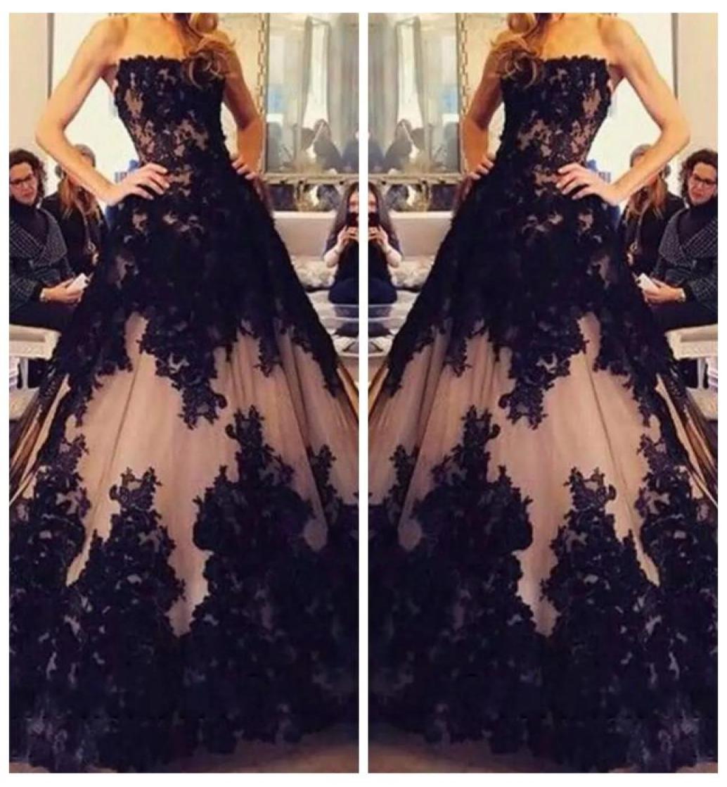 

2019 Strapless Black Lace Appliques ALine Prom Dresses Modest Lace Up Back Long Vestidos De Soiree Customized Evening Party Gowns7746031, Pink