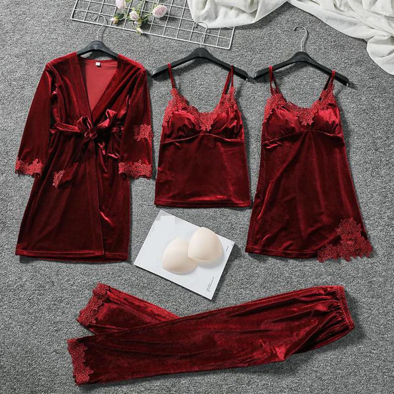 

Women's Sleepwear Burgundy 4PCS Velour Pajamas Suit Female Strap Top&Pant With Belt Autumn Winter Home Wear Sexy V-Neck Lace Nightwear, Gray
