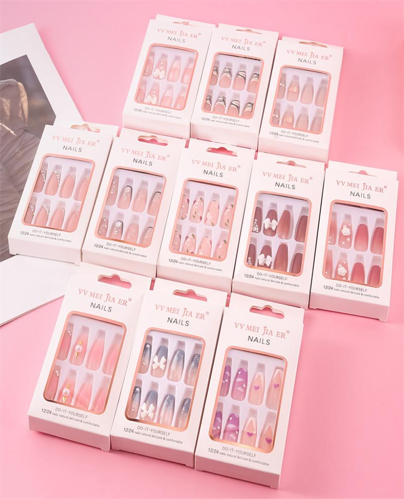 

24Pcs Long False Nails Coffin nude pink design Artificial Ballerina Fake With Jelly Glue Full Cover Nail Tips Press On1112844, Multi