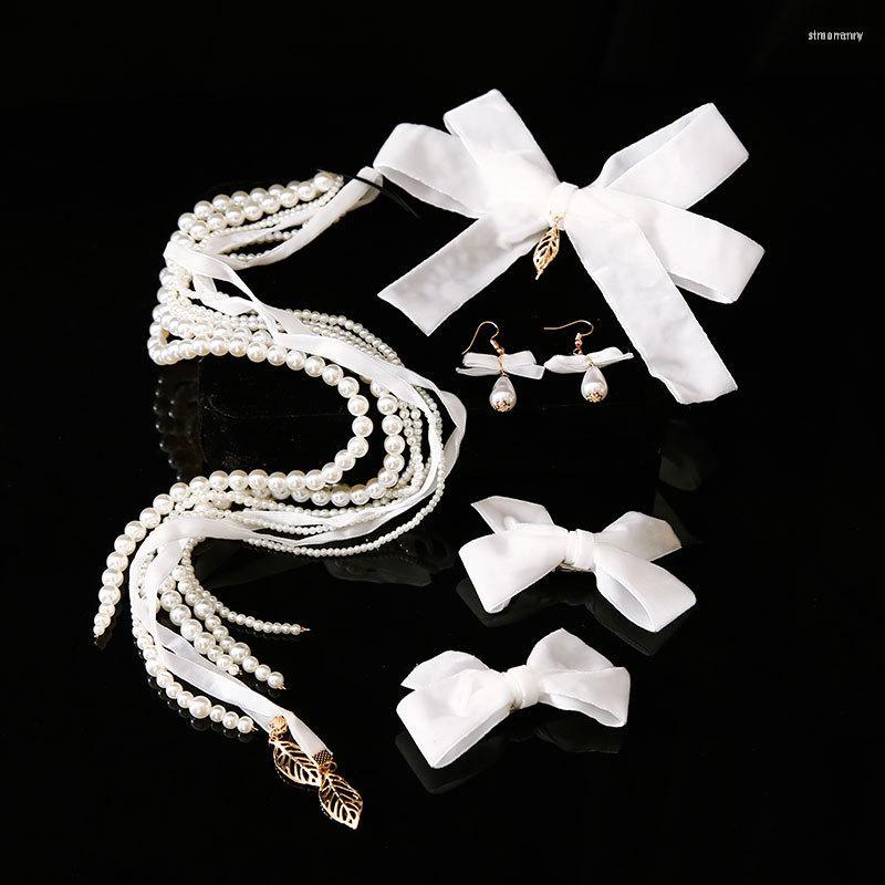 

Hair Clips Delicate White Bow Hairpin Set For Bride Small And Fresh Temperament Pearl Chain Braiding Styling Accessories