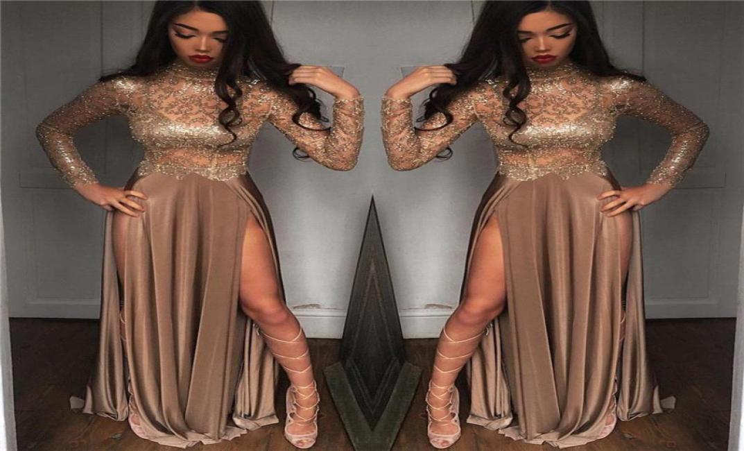 

2019 African Gorgeous sexy Beaded Champagne Sequined Evening Dresses Long Sleeves Prom Gowns Vestidos Special Occasion Dresses Eve1656141, Daffodil