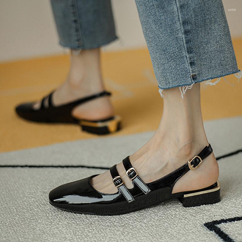 

Sandals Women Summer Woman Vintage Double Buckle Mary Janes Shoes Fashion Patent Leather Low Heel Dress Zapatos Mujer, Apricot