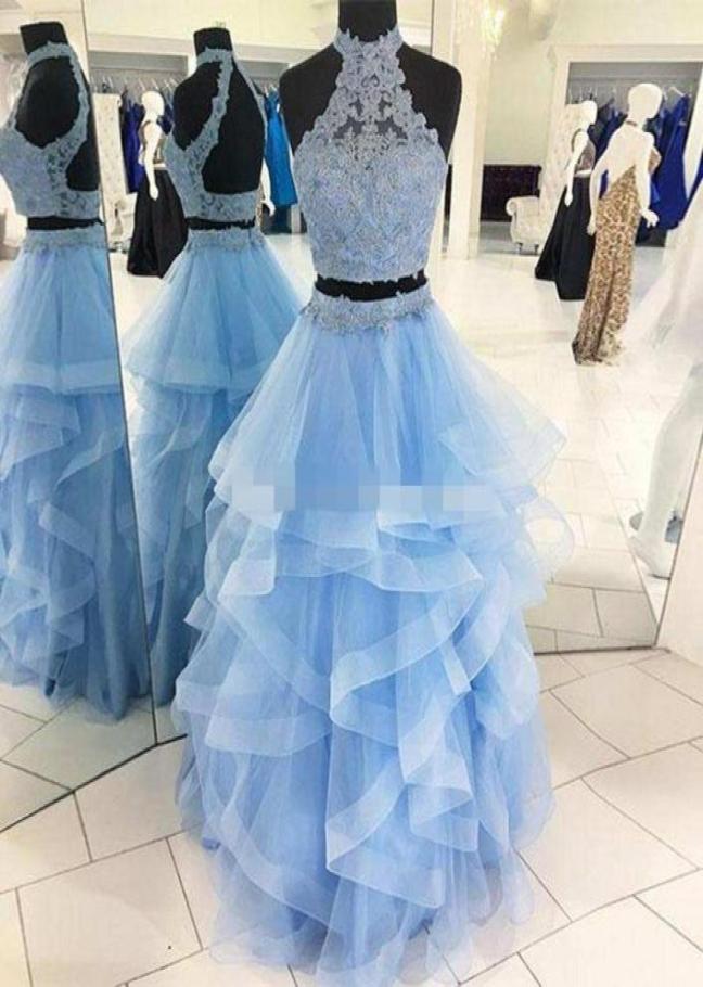 

Light Sky Blue Two Piece Prom Dresses High Neck Lace Tulle Tiered Tulle Ball Gown Quinceanera Dresses Backless Champagne Sweet 16 9116085, Silver