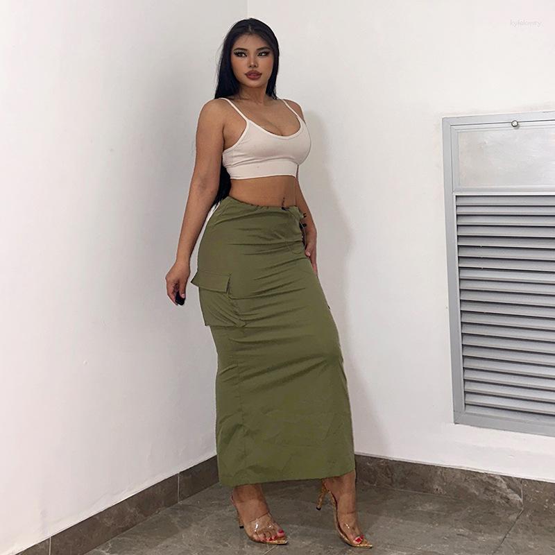 

Skirts Hriigin Solid Drawstring Cargo Skirt Women Clothing Summer Casual Concise Pocket Split Maxi Female Bottoms Streetwear, Gray