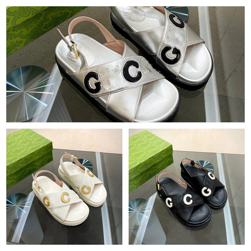 

GU CI Double Letter G sandal black white sliver Womens Cross Vamp Sandals Designer Classic Summer Back Strap Gladiator Slippers Leather Outdoor summer shoes slides, Megu61