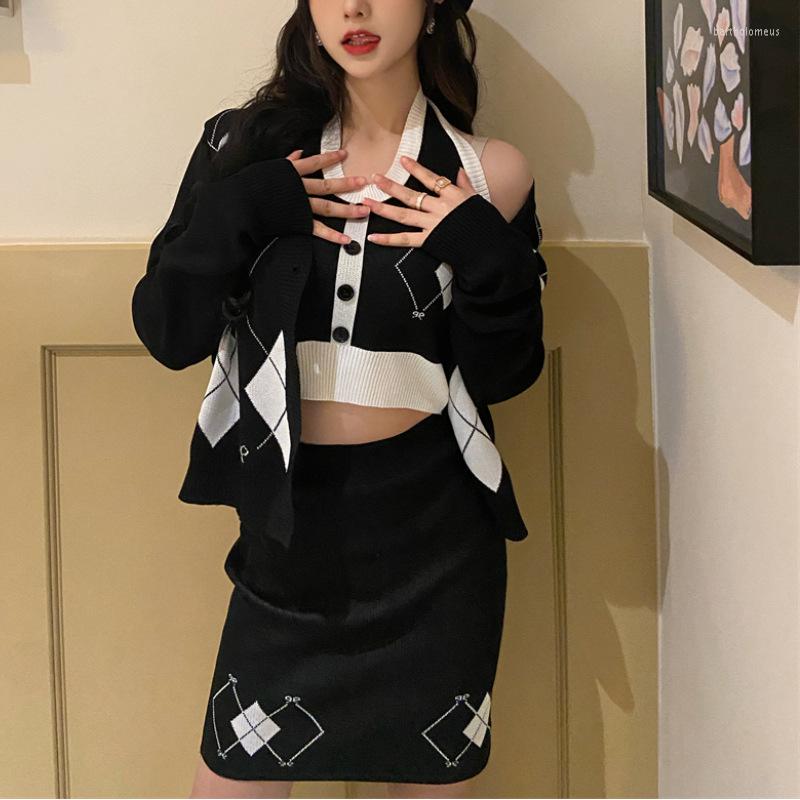 

Women's Knits Women's Pure Desire Spice Girl Hanging Neck Rhombus Knitted Vest Cardigan High Waist Half Wrap Hip Skirt Three-piece Sui, Pink