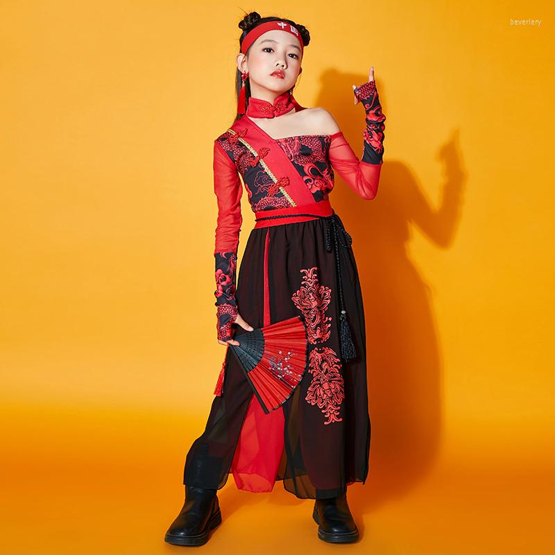 

Stage Wear Chinese Style Jazz Dance Costumes Red Outfits Modern Hip Hop Clothes Streetwear Performance Festival Clothing DQS7974, Top