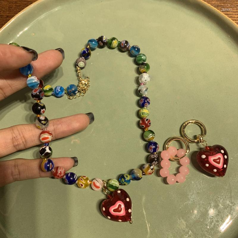 

Pendant Necklaces Vintage Fashion Glazed Colored Natural Stone Choker Creative Charm Love Necklace Bead Jewelry Boho For Women