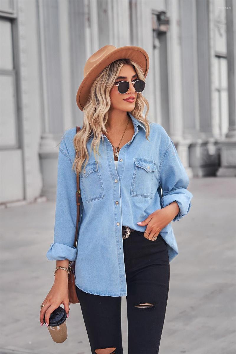 

Women' Blouses Woman' Shirts Spring/summer Long Sleeve Solid Color Single Breasted Fashion Tops Shirt Drop MNFSMN2102, The light blue