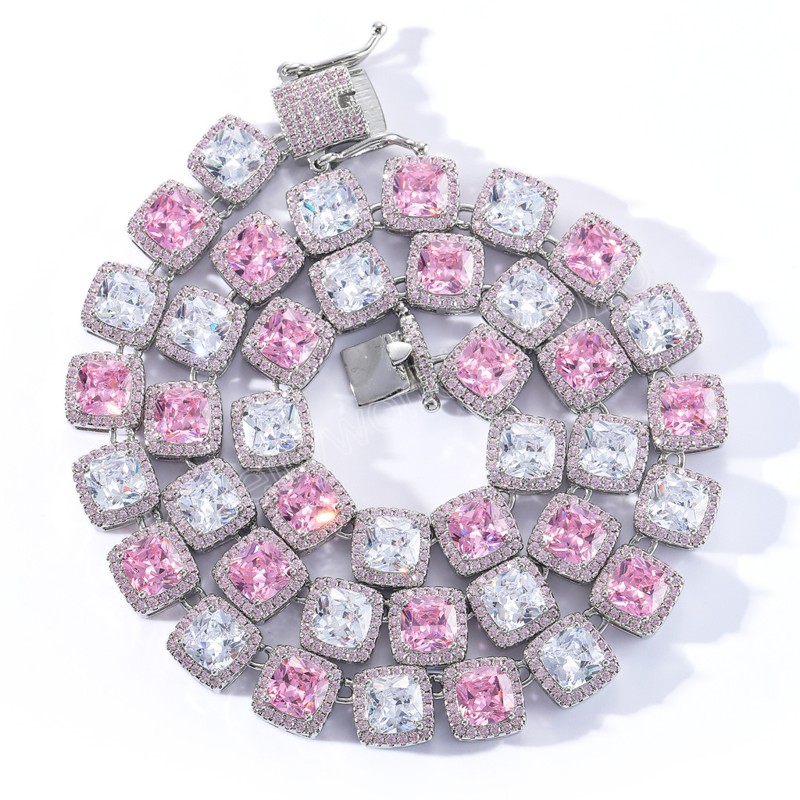 

10mm Heart Baguettecz Bracelet Iced Out Red Green Pink Heart Cubic Zirconia Link Chain Necklace Hiphop Jewelry