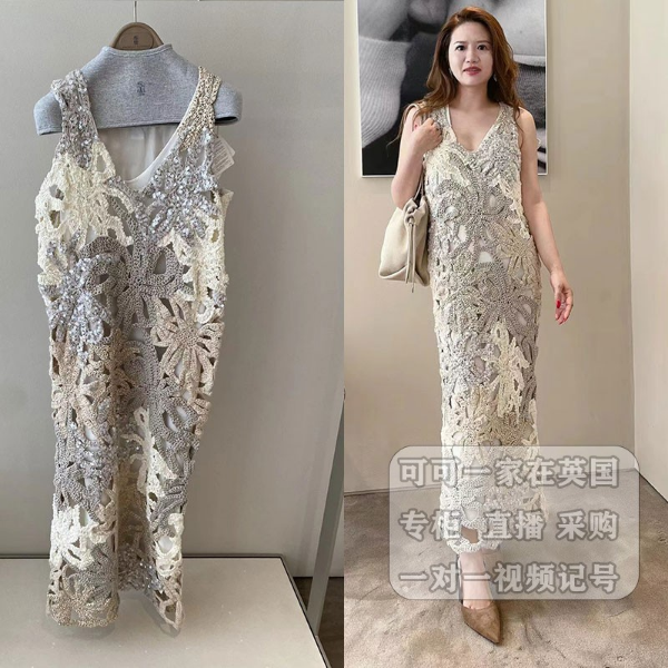 

Womens Urban Sexy Dresses Brunello Cucinelli Spring Hollow Up Handmade V Neck Dress Long Skirt, White