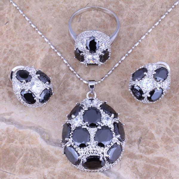 

Necklace Earrings Set & Black Cubic Zirconia White CZ Silver Plated Pendant Ring Size 5 / 6 7 8 9 10 S0248, Picture shown