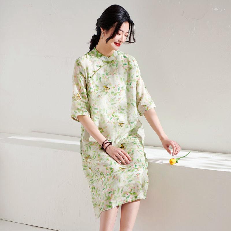 

Ethnic Clothing Spring Summer Cotton Qipao Chinese Style Lady Standing Collar Retro Improved Ramie Long Dress