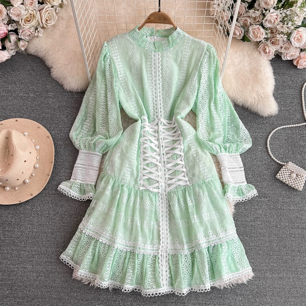 

Vintage Palace Style Elegant Lantern Long Sleeve Standing Neck Waist Slim A-line Embroidery Hollow Chiffon Cake Dress, Green