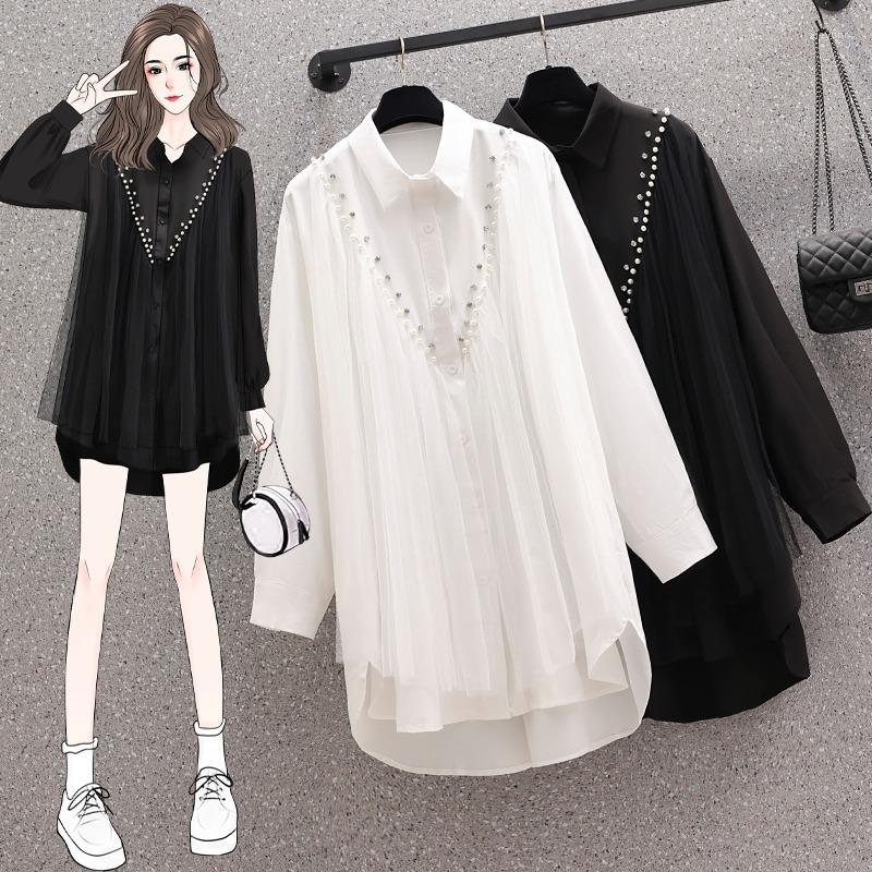 

Women's Blouses Sping Autumn High-end Mesh Gauze Studded Beads POLO Collar Dress Female Cold Wind White Temperament Shirt Top Women Blouse