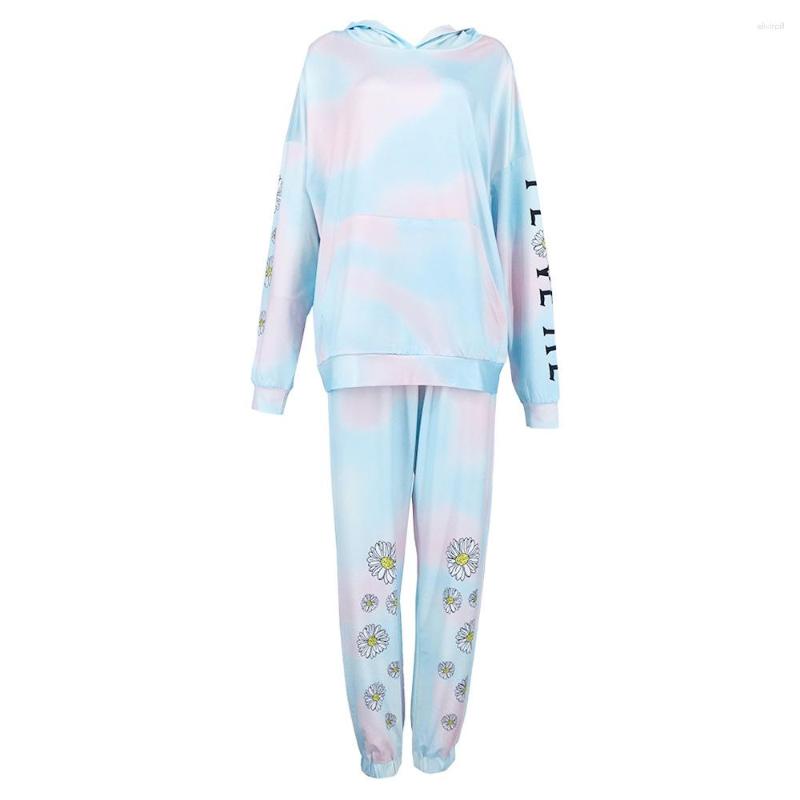 

Women's Two Piece Pants Polyester Long Sleeve Hooded Tie Dye Regular Elastic Waist Autumn/Winter Casual Pullover Sports Women, Blue