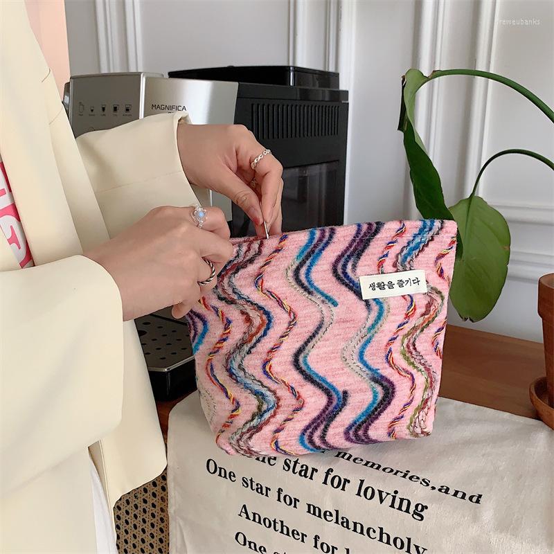 

Cosmetic Bags Hylhexyr Travel Woolen Cloth Makeup Pouch Rainbow Wave Pattern Organizer Make Up With Zipper