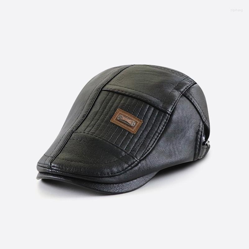 

Berets PU Leather Beret Hat Men Autumn Winter Faux Duckbill Sboy Cap Herringbone Middle-aged Men's Flat Peaked For Dad, Light coffee 1