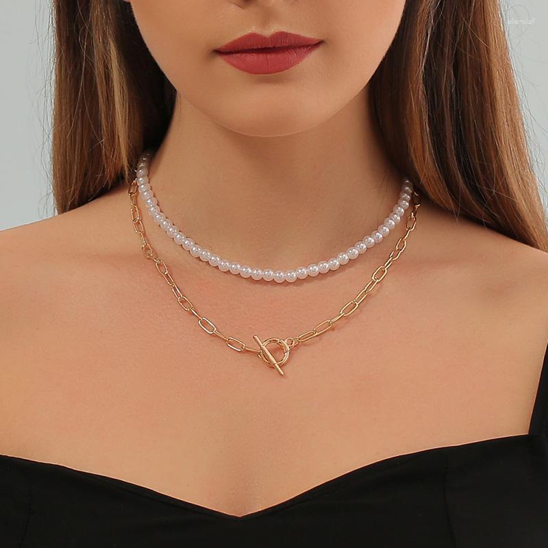 

Chains Ladies Multilayer Round Simulated Pearl Beads Gold Link Necklaces OT Buckle Clavicle Chain For Women Neck Jewelry