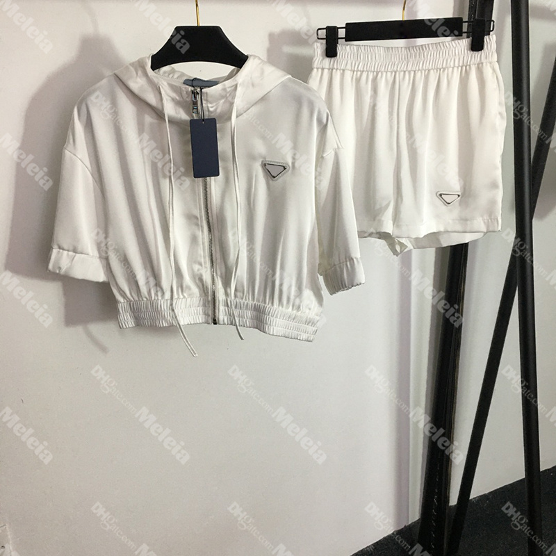 

Women Hooded Coats with Zipper Casual Tracksuits Elastic Waist Running Shorts Sleeve Sportwear Two Piece Set for Lady, White
