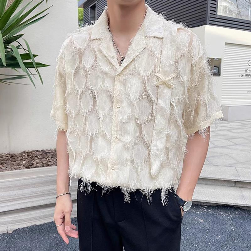 

Men's Casual Shirts Fashion Trend Short Sleeved Tassel For Men Nightclub Prom V-Neck Loose Mens Summer See-through Thin Camisas De Hombre, Black