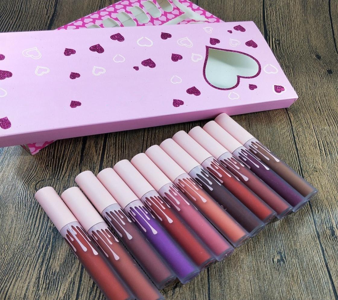 

Makeup pink box netwt poids net 12011 fi oz 3225ml Brand Matte Lip Gloss maquillage make up lipgloss 12pcsset lipstick5688824, Mixed color