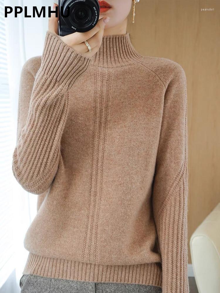 

Women's Sweaters Women's Fall Winter Warm Mock Neck Long Sleeve Casual Knitted Pullover Korean Loose Crochet Tops Kniwear Soft Jumper, Brown