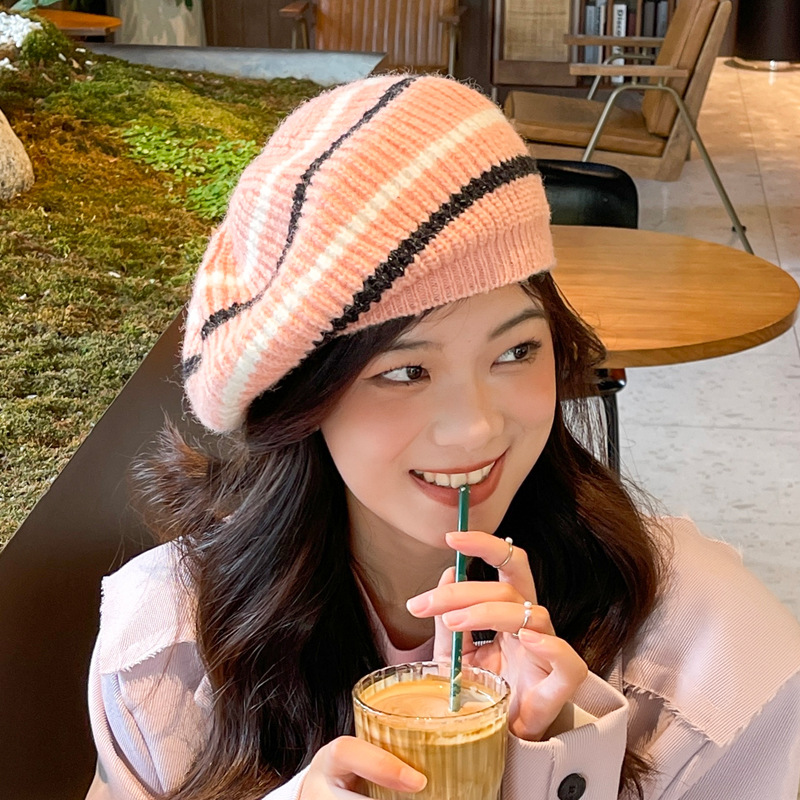 

Striped Knitted Beret British Style Autumn and Winter Warm Women's Hat Japanese Sweet and Lovely Painter Hats Pumpkin Berets