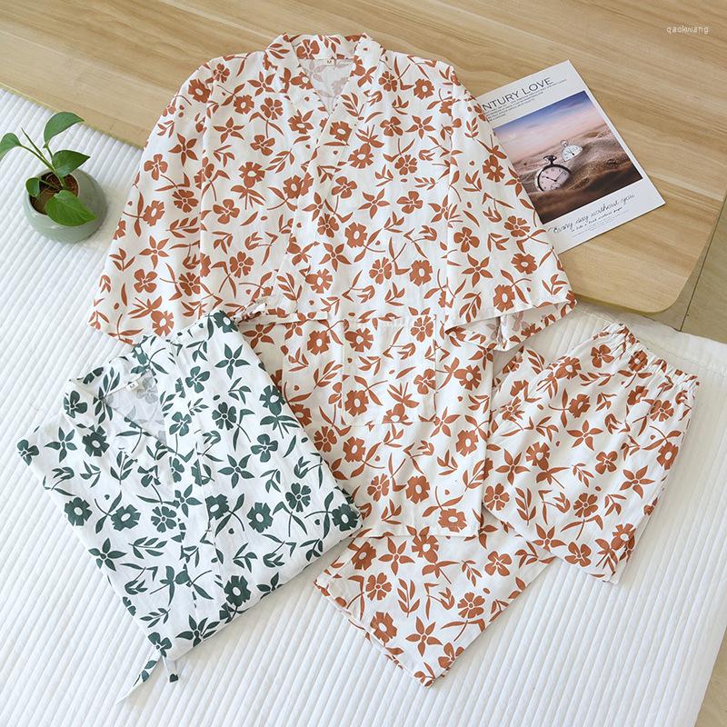 

Women's Sleepwear Japanese Kimono Pajamas V-Neck Three Quarter Sleeve Pijamas Women 2 Pcs Set Autumn Plus Size Cotton Sleep Tops, Red flower