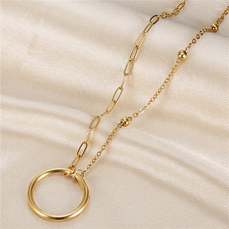 

Pendant Necklaces Simple Elegant Hollow Out Round Asymmetric Chain Necklace Korean Gold Color Clavicle Stainless Steel Jewelry