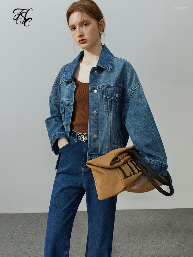 

Women's Jackets FSLE Simple Profile Denim Shirt Jacket Women Spring Autumn Loose Fit Korean Version Casual High Street Female Coats, Denim blue