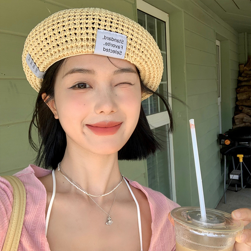 

Ins Sticker Straw Beret Hats for Women Summer Hollow Breathable Face Small Painter Caps Korean Version Versatile Casual Berets