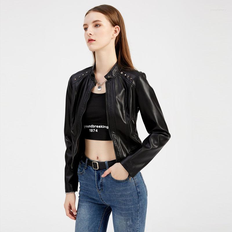 

Women' Leather Autumn Women Jacket Slim Stand-Up Collar Overcoat Fashion Rivet Design Zipper Windbreaker Coat Women' 2023 WF276, D05 camel