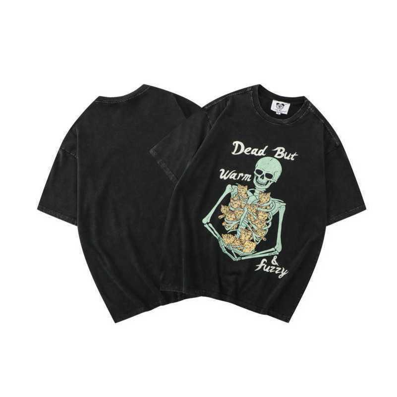 

Washed Old High Street Fashion Brand T-shirt Casual Skull Print Loose Cotton Short Sleeve T-shirt Men' Summer, Xt42