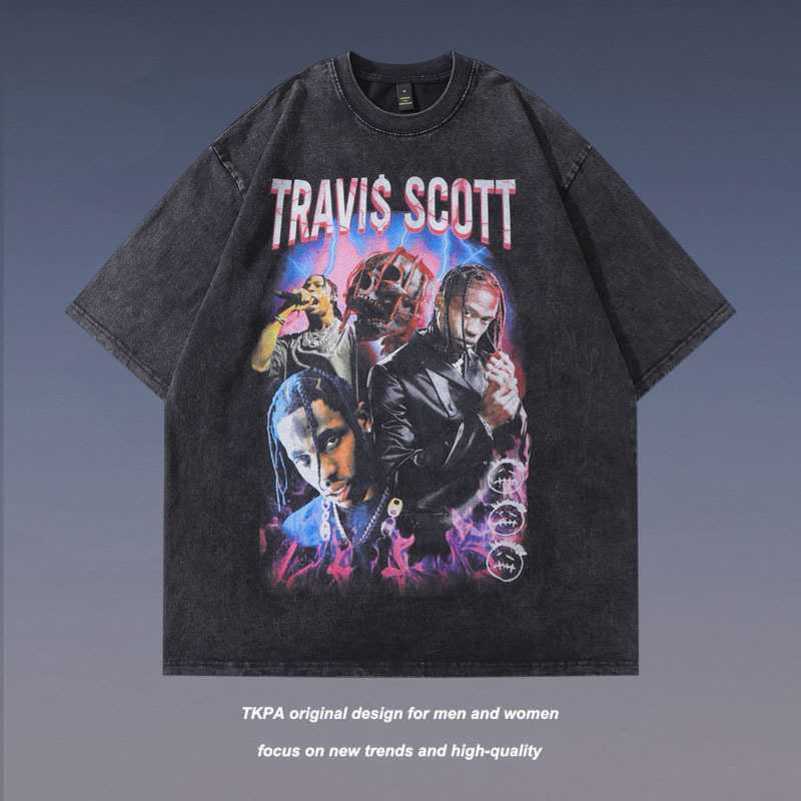 

TKPA Hip Hop Rap Portrait Wash Short Sleeve T-shirt Men's Vintage High Street Loose Half Sleeve, D08