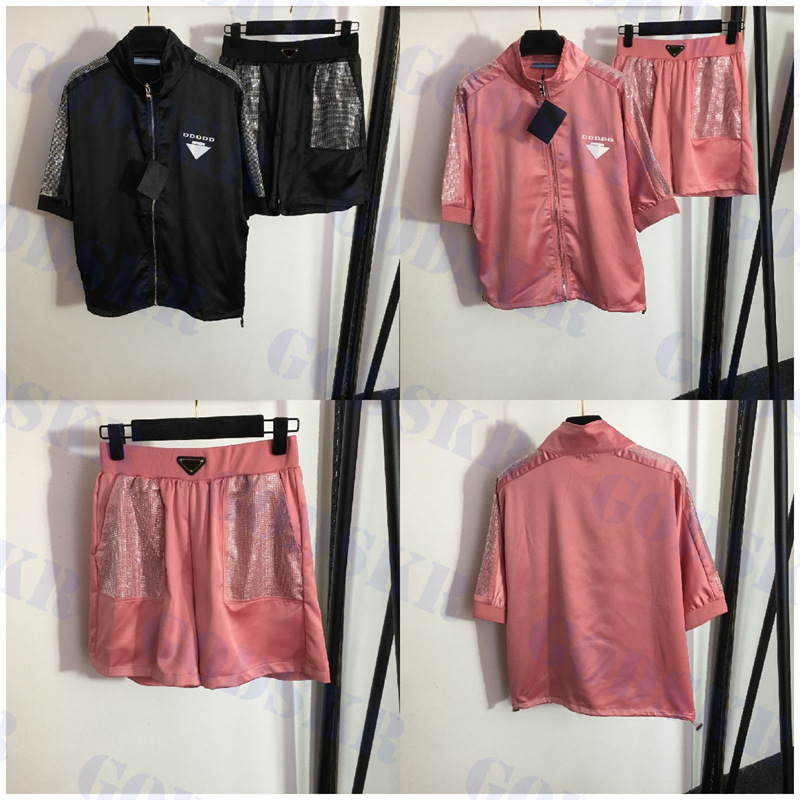 

Womens Tracksuits Designer Zipper Coat Casual Shorts Set Triangle Logo Short Sleeve Jacket Ladies Loose Short Pants Two Colors, 20234242-black