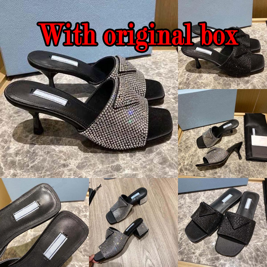 

Designer Slippers Sandals Women's Brand Fashion Triangle Flats High Heel Formal Shoes Drill Top Slippers Outdoor Beach With Dust Bag Original Box size 35-42, #4