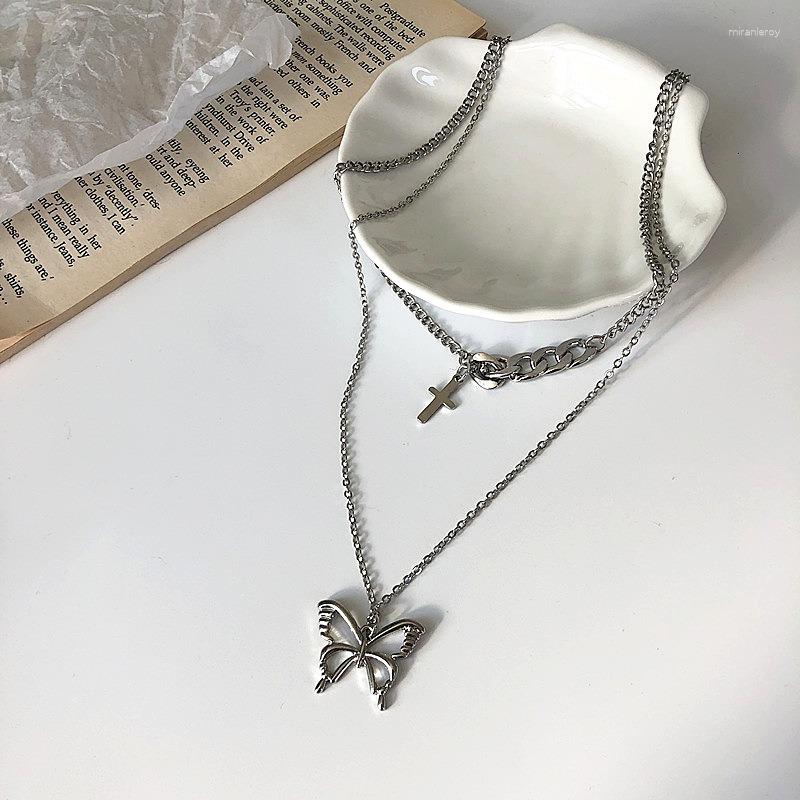 

Pendant Necklaces Origin Summer Street Style Double Layer Cross Butterfly Necklace For Women Exquisite Hollow Earings Jewelry Accessories