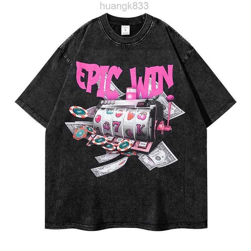 

Stir fried, worn-out, washed, short sleeved T-shirt for men, digital direct spray T-shirt, high street oversize, large, trendy couple, Fried flower black