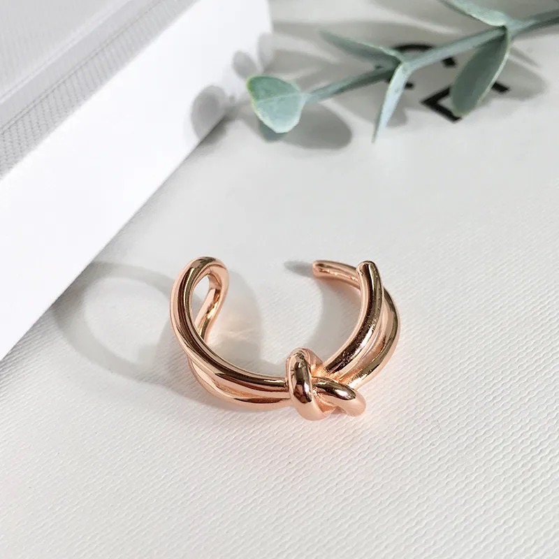 

Fashion Designer fashion jewelry 316L titanium Adjustable metal knot opening rings rose gold silver double heart ring female Jewelry