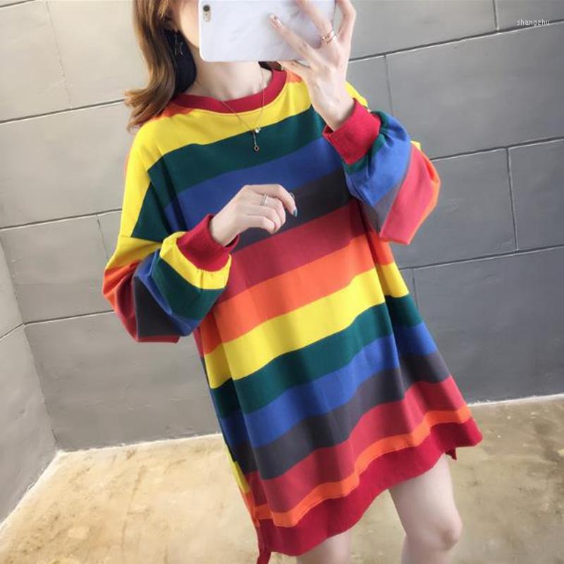 

Women's Hoodies Spring And Autumn 2023 Loose Medium Length Stripe Long Sleeve Thin Sweater Women's Korean Casual Rainbow Top, Pink