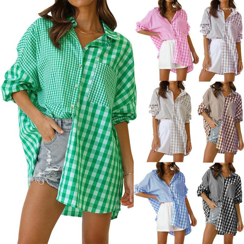 

Women' Blouses Women Turn-down Collar Autumn/winter 2023 Fashion Leisure Irregular Plaid Print Harajuku Female Big Sale MDF6612, Green