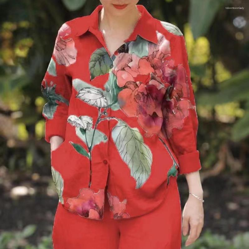 

Women's Blouses Floral Leaves Print Women Shirt Lapel Long Sleeve Single-breasted Office Loose Buttons Placket Casual Streetwear, Red