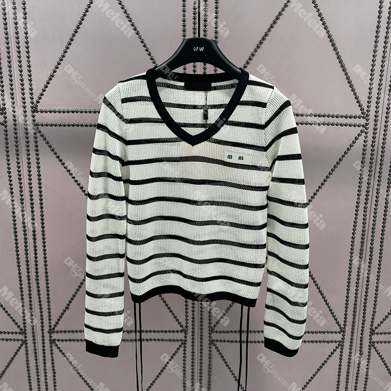

Hollow Knitted Tops V Neck Women T Shirts Long Sleeve Sun Protection Ladies Tees Striped T Shirts, White