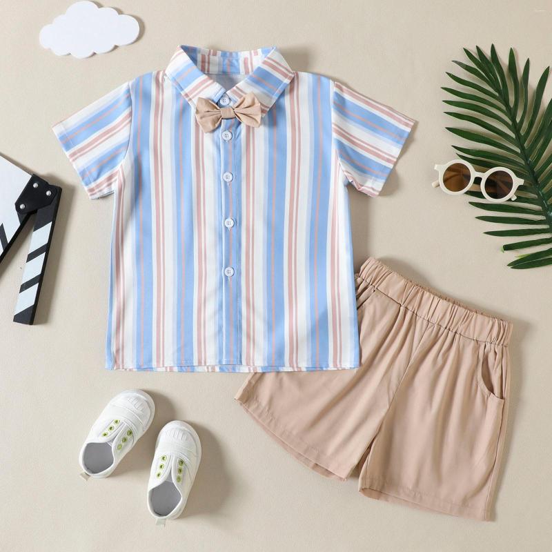 

Clothing Sets Toddler Boys Short Sleeve Striped Prints T Shirt Tops Shorts Child Kids Gentleman Outfits, Blue