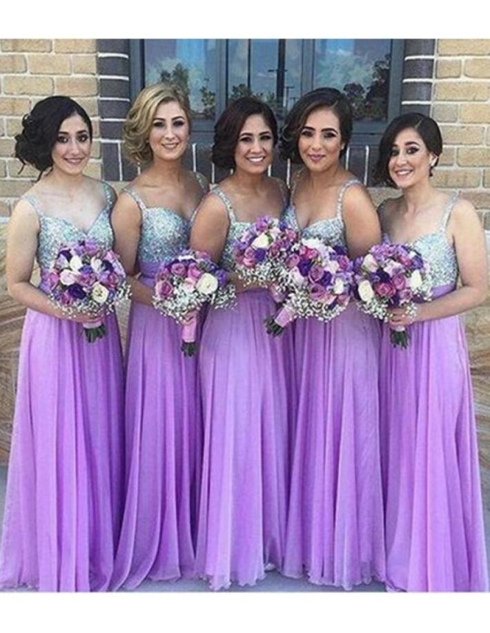 

New Cheap Lilac Cheap Bridesmaid Dresses For Weddings Guest Dress Spaghetti Straps Chiffon Silver Crystal Beading Formal Maid of H3018192