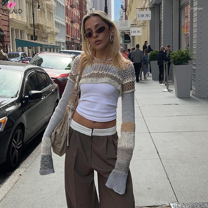 

Women' T Shirts VOLALO Y2K Hollow Out Crop Top Knitted Retro Long Sleeve Shirt Women Summer Sun Protection Breathable Cardigans Patched Tee, White