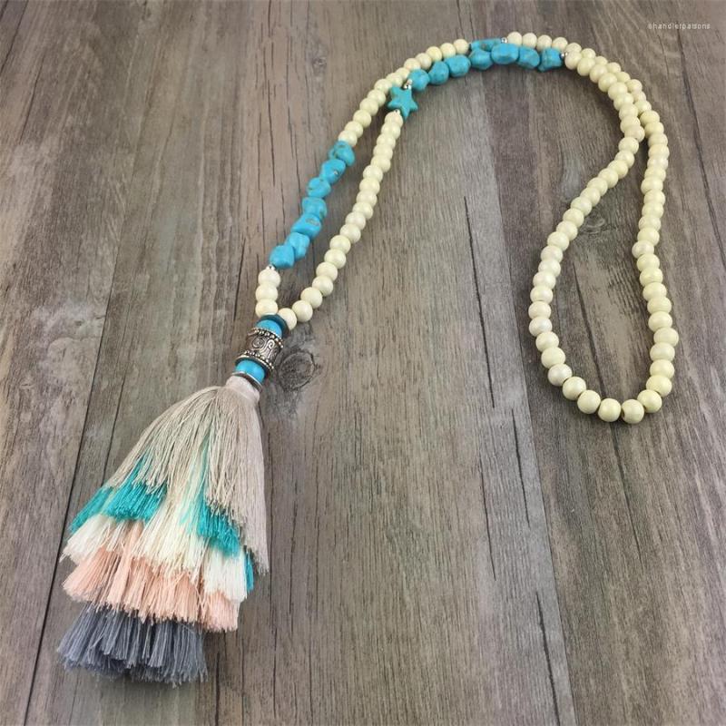 

Pendant Necklaces Natural Stone Wood Beads Multi Tassel Long Chain Tiered Threaded Necklace