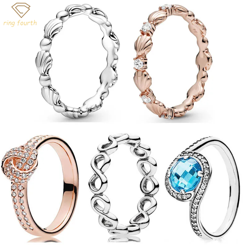 

925 Silver Women Fit Pandora Rings Original Heart Crown Fashion Ring Openwork Infinite Love Knot Seashell Radiant Embellishment